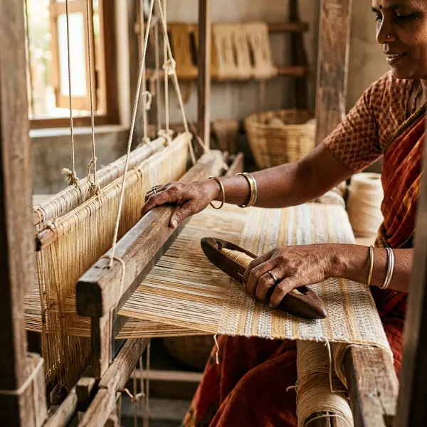 Artisan weaving on a handloom